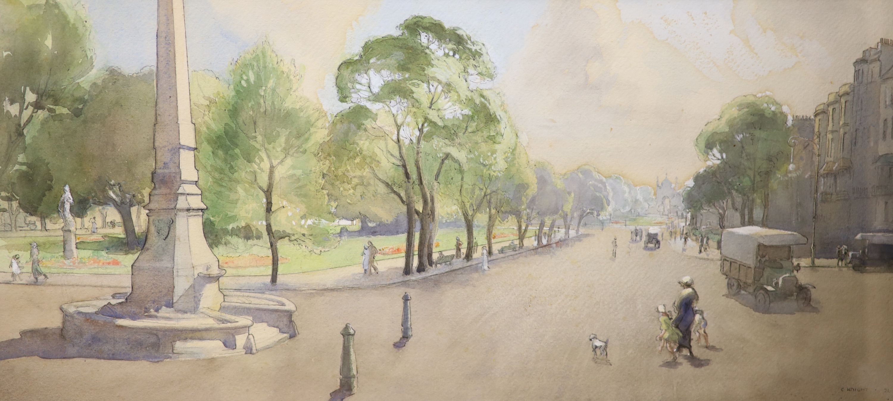 Charles Knight R.W.S., R.O.I., (1905-1995) - Views of the Steine, Brighton, watercolours, a pair, dated 1921, 28 x 56cm.